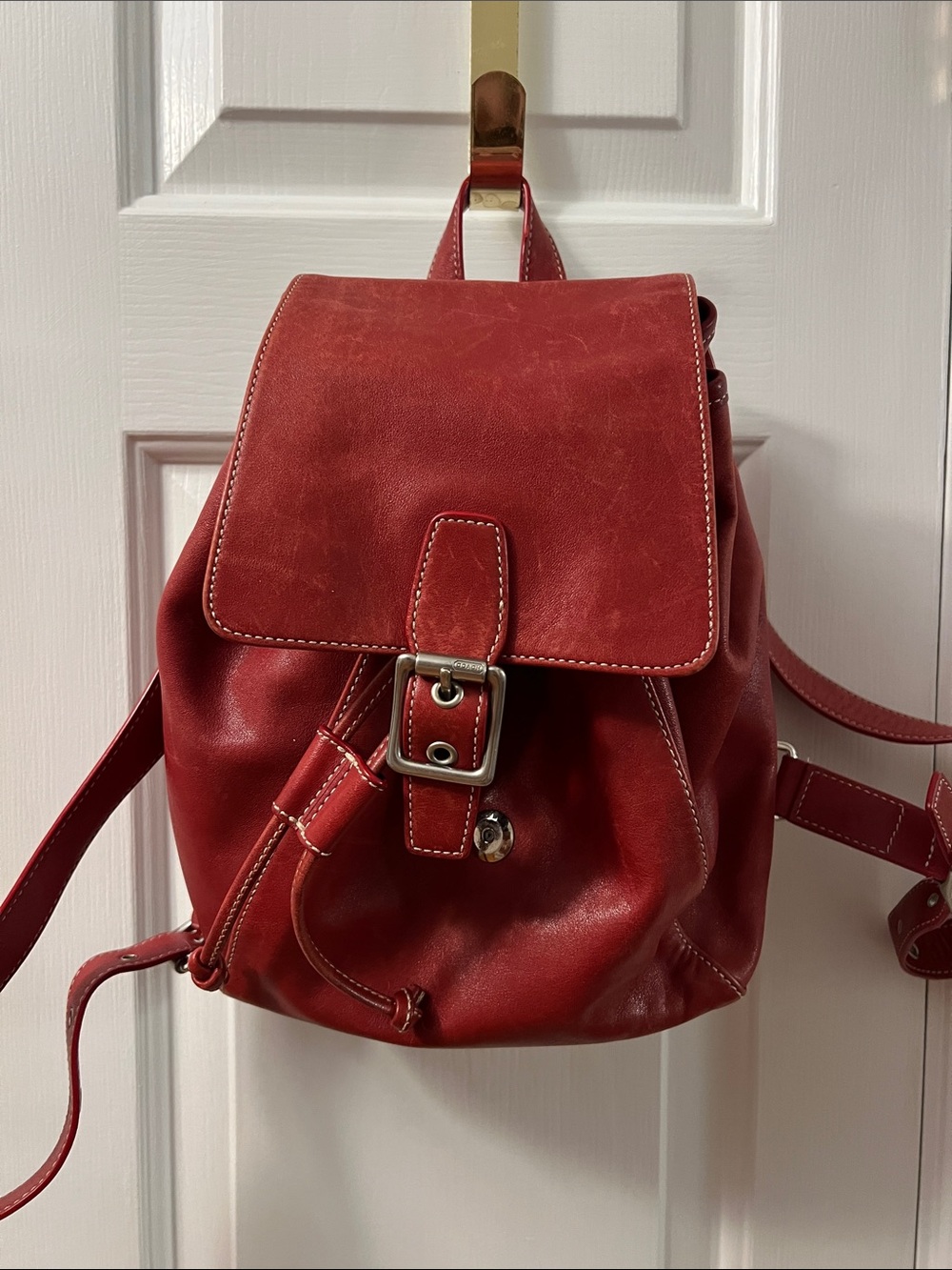 Women's Red Leather Drawstring Backpack with Buckle Flap